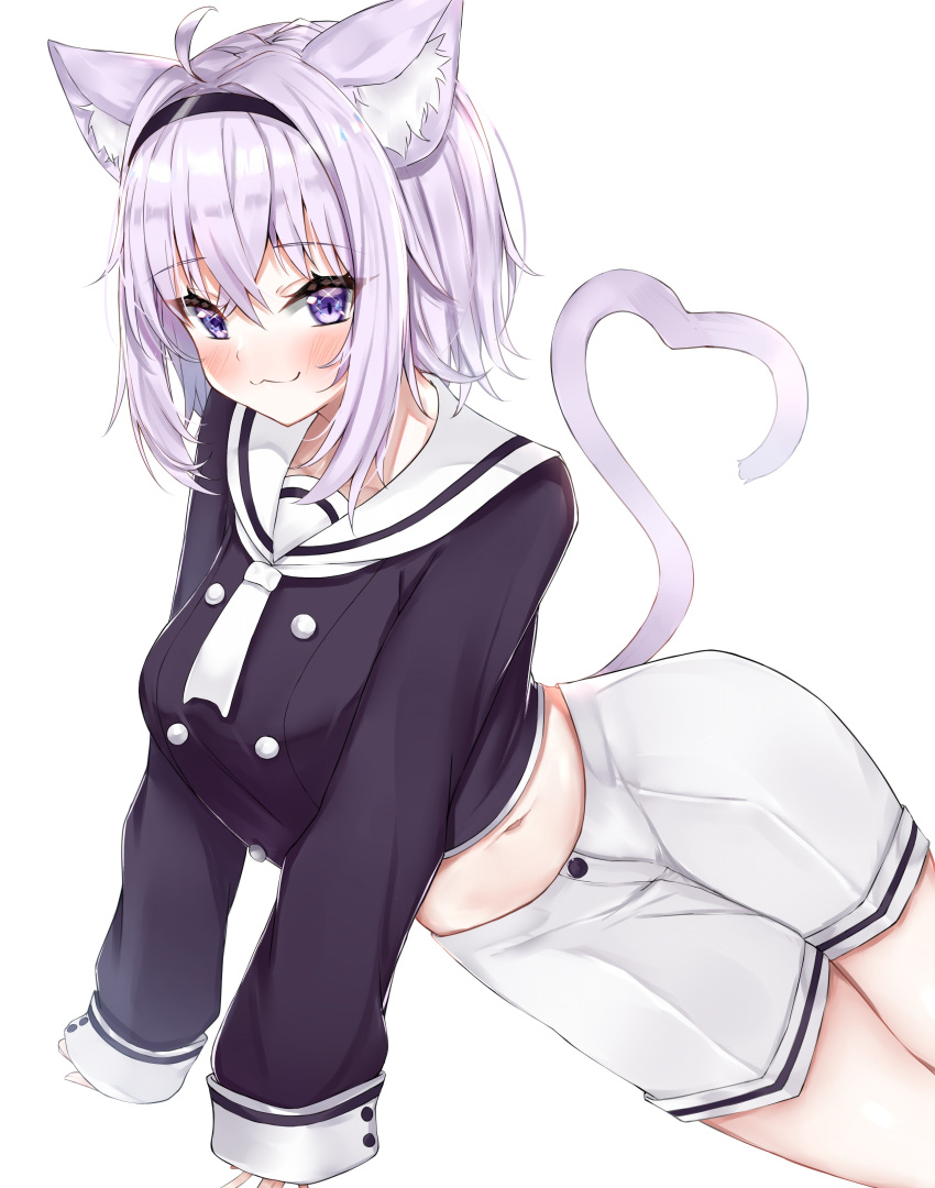 1girl :3 absurdres ahoge animal_ear_fluff animal_ears black_shirt blush breasts cat_ears cat_tail closed_mouth commentary eyebrows_visible_through_hair hair_between_eyes hairband heart heart_tail highres hololive lavender_hair long_sleeves looking_at_viewer medium_breasts midriff navel nekomata_okayu nemun_(tamizzz) school_uniform serafuku shirt short_hair short_shorts shorts simple_background sleeves_past_wrists smile solo symbol_commentary tail violet_eyes virtual_youtuber white_background white_neckwear white_shorts
