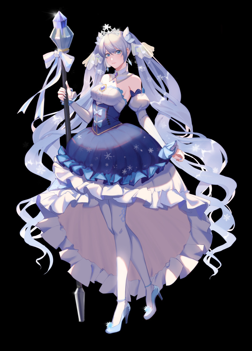 1girl absurdres bare_shoulders black_background blue_eyes blue_footwear blue_nails closed_mouth detached_sleeves hatsune_miku high_heels highres long_hair looking_at_viewer pantyhose puffy_detached_sleeves puffy_sleeves scepter silver_hair simple_background smile solo thigh-highs tiara very_long_hair vocaloid white_legwear wuc yuki_miku yuki_miku_(2019)