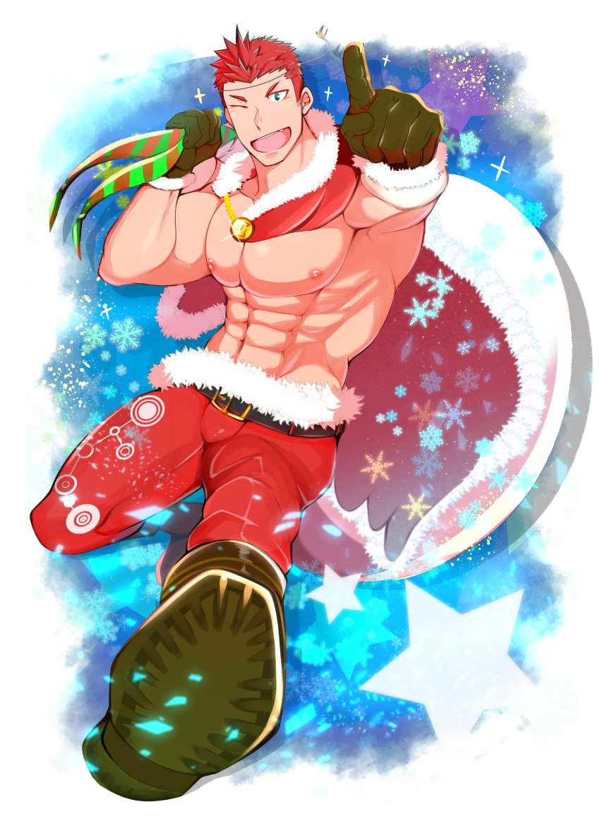 1boy abs absurdres alternate_costume bara blue_eyes bulge chest foreshortening highres kuro_(shiranui) male_focus muscle nipples pectorals pollux_(tokyo_houkago_summoners) redhead santa_costume short_hair simple_background smile solo tokyo_houkago_summoners upper_body