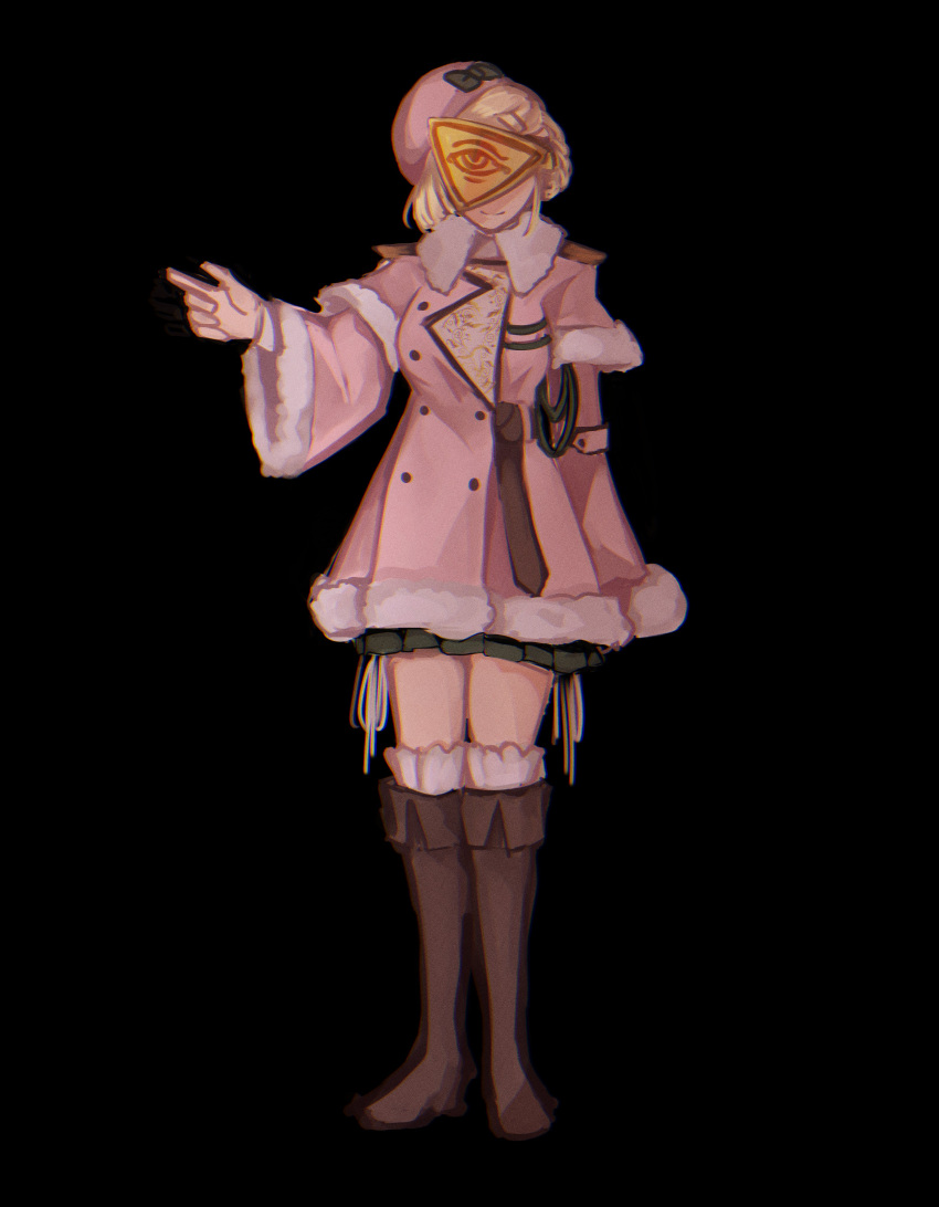 1girl absurdres arm_up black_background blonde_hair boots bow buttons chromatic_aberration ciconia_no_naku_koro_ni covered_eyes eye_of_horus fur_trim highres jacket jestress looking_at_viewer miniskirt pink_jacket rustorange short_hair simple_background skirt smile solo tassel