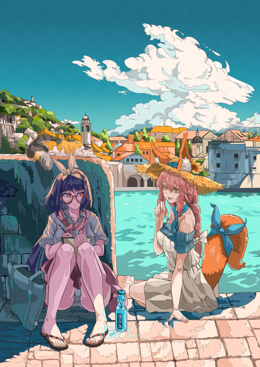 2girls absurdres animal_ears braid breasts brown_hair cat clouds dhtpgjs1997 drawing dress fate/grand_order fate_(series) fingernails flip-flops flower fox_ears fox_tail glasses hat hat_flower highres large_breasts long_hair multiple_girls osakabe-hime_(fate/grand_order) panties pantyshot pen pink_hair ramune sandals sitting sketchbook sleeping_animal strapless strapless_dress straw_hat summer tail tamamo_(fate)_(all) tamamo_no_mae_(fate) town underwear water