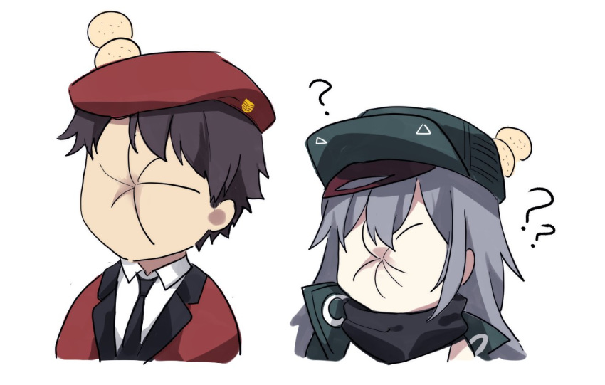 1boy 1girl ? beret black_hair commander_(girls_frontline) confused ears g11_(girls_frontline) girls_frontline hat head_bump lix necktie punched silver_hair white_background