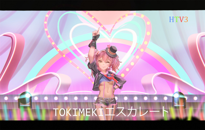 1girl black_gloves black_headwear black_jacket breasts closed_mouth contrapposto crop_top cropped_jacket crowd eflilies english_commentary fingerless_gloves gals_rock_ambivalence gloves glowstick hair_ribbon hand_on_hip hat idol idolmaster idolmaster_cinderella_girls jacket jougasaki_mika letterboxed looking_at_viewer medium_breasts mini_hat navel one_eye_closed pink_hair ribbon short_hair short_shorts short_twintails shorts smile stage stage_lights twintails under_boob yellow_eyes