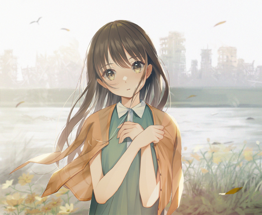 1girl bangs blush brown_eyes brown_hair cityscape commentary_request day eyebrows_visible_through_hair flower green_shirt head_tilt highres jacket jacket_on_shoulders long_hair looking_at_viewer open_clothes open_jacket orange_jacket original outdoors parted_lips river riverbank see-through shirt smile solo unbuttoned upper_body utaka_(anyoanyot) yellow_flower
