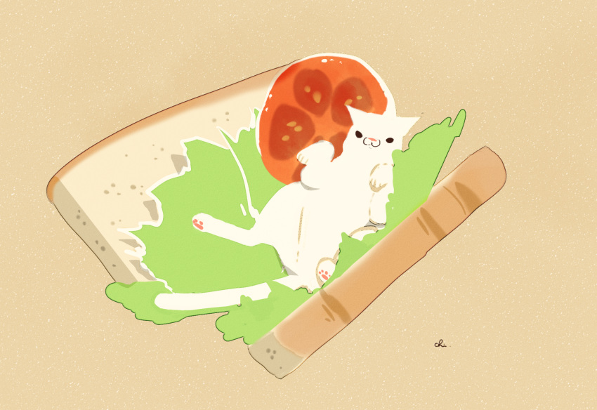 black_eyes bread bread_slice brown_background cat chai commentary_request food highres lettuce looking_at_viewer lying no_humans on_back original sandwich signature tomato