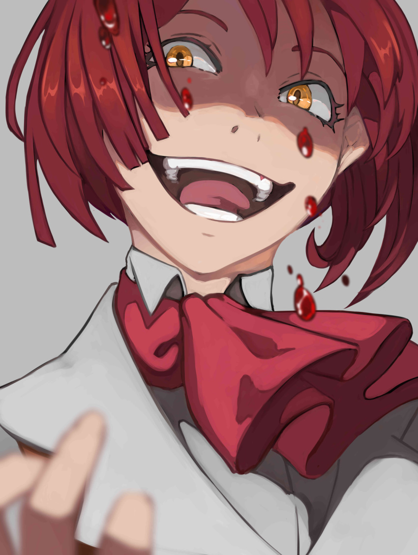 1boy azuzatori blood blurry blurry_foreground ciconia_no_naku_koro_ni collared_shirt cravat crazy_eyes crazy_smile grey_background grin highres mitake_miyao portrait redhead shirt short_hair simple_background smile teeth tongue upper_body yellow_eyes