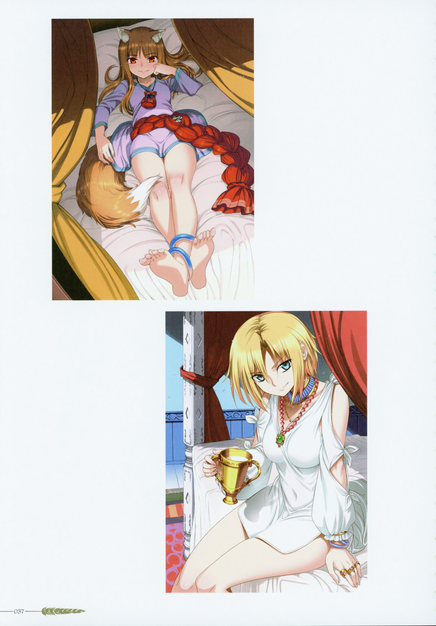 2girls absurdres animal_ears anklet arm_cutout bangs barefoot bed blonde_hair blue_eyes bottomless bracelet breasts brown_hair canopy_bed closed_mouth collarbone covered_navel eve_bolan highres holding holo jewelry koume_keito long_hair long_sleeves looking_at_viewer lying medium_breasts multiple_girls naked_shirt necklace official_art on_back page_number purple_shirt red_eyes ring scan shiny shiny_hair shirt short_hair sitting small_breasts smile soles solo spice_and_wolf straight_hair tail very_long_hair white_shirt wolf_ears wolf_tail