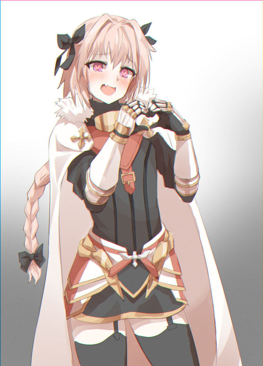 1boy armor armored_dress astolfo_(fate) black_bow black_dress black_legwear bow braid cloak dress fang fate/apocrypha fate/grand_order fate_(series) fur-trimmed_cloak fur_trim gauntlets gorget hair_bow hair_intakes happy heart heart-shaped_pupils heart_hands highres long_braid long_hair long_sleeves male_focus multicolored_hair open_mouth otoko_no_ko pharamacom pink_hair puffy_sleeves single_braid solo streaked_hair symbol-shaped_pupils thigh-highs violet_eyes white_cloak