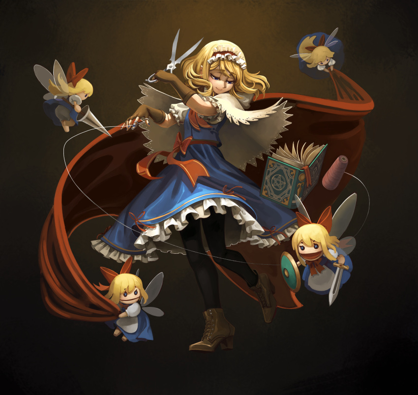 1girl absurdres alice_margatroid bangs blonde_hair blue_dress blue_nails book button_eyes capelet dark_background dress fairy_wings fingerless_gloves flat_chest floating floating_book floating_hair floating_object frills full_body gloves hairband half-closed_eyes high_heels highres holding holding_shield holding_sword holding_weapon long_hair looking_down medium_hair nail_polish pantyhose petticoat polearm shanghai_doll shield smile standing standing_on_one_leg swept_bangs sword thread touhou user_zdgh3272 weapon wings