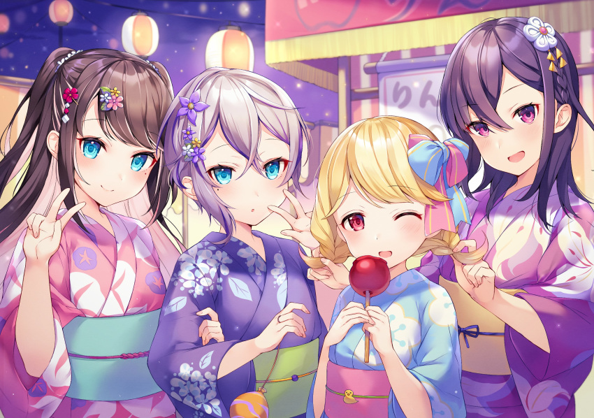 4girls bangs blonde_hair blue_bow blue_eyes blue_kimono blush booth bow braid breasts brown_hair candy_apple closed_mouth commentary_request floral_print flower food hair_between_eyes hair_flower hair_ornament hand_up hands_up highres holding holding_another's_hair holding_food ichinose_uruha japanese_clothes kaga_nazuna kaga_sumire kimono kogara_toto long_hair long_sleeves looking_at_viewer lupinus_virtual_games medium_hair mole mole_under_eye multiple_girls night obi official_art one_eye_closed open_mouth pink_bow pink_flower pink_kimono ponytail print_kimono purple_flower purple_hair red_eyes red_flower ringozaka_mariko sash short_hair silver_hair small_breasts smile twin_braids two-tone_bow upper_body v violet_eyes virtual_youtuber w wide_sleeves yukata