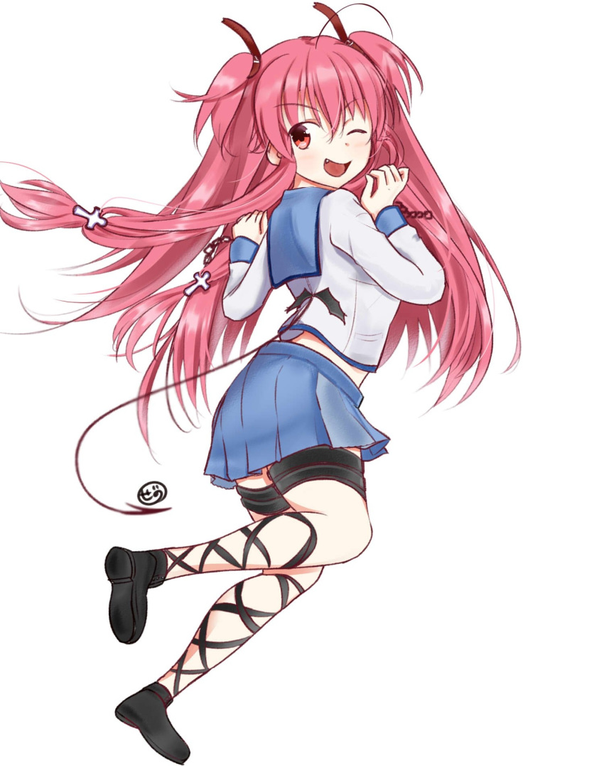 ;d angel_beats! bat_ornament black_footwear blue_skirt blue_sleeves cross_hair_ornament demon_tail dress fang full_body hair_ornament hairband highres jumping leg_up one_eye_closed open_mouth pink_hair red_eyes red_hairband sailor_dress signature simple_background skirt smile tail tongue twintails white_background yui_(angel_beats!) zeno