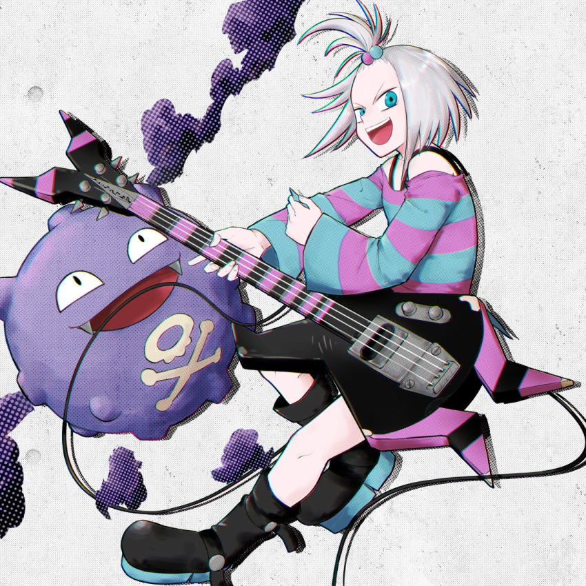 1girl bass_guitar blue_eyes boots dress forehead gen_1_pokemon gym_leader hair_bobbles hair_ornament homika_(pokemon) instrument koffing kosian_bun looking_at_viewer plectrum pokemon pokemon_(game) pokemon_bw2 smog striped striped_dress topknot white_hair