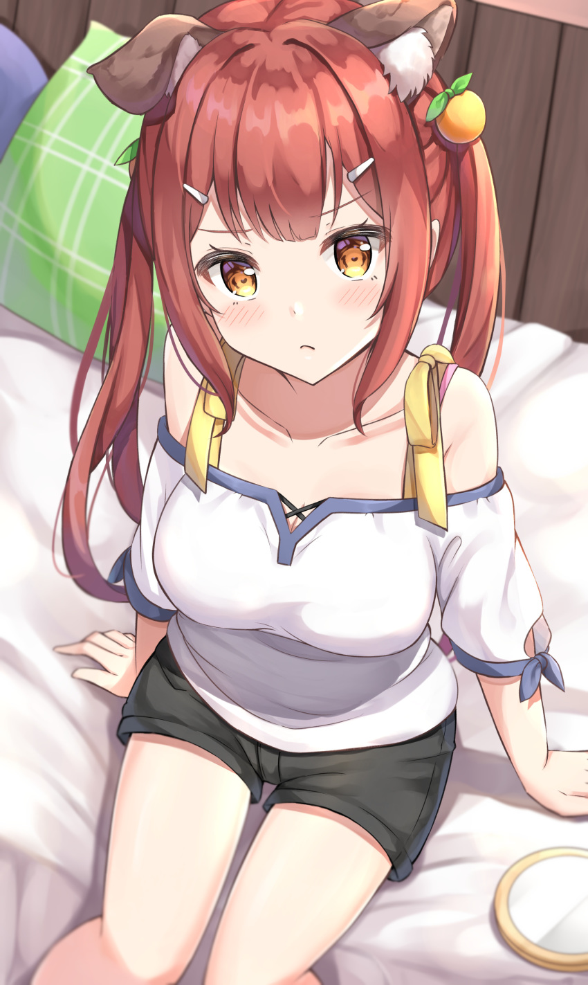 &gt;:( 1girl absurdres animal_ears bangs bare_shoulders black_shorts blush breasts brown_eyes brown_hair closed_mouth collarbone dog_ears frown hair_ornament hairclip highres indoors keiran_(ryo170) long_hair looking_at_viewer medium_breasts mirror on_bed original pillow shirt shorts sidelocks sitting solo twintails v-shaped_eyebrows white_shirt