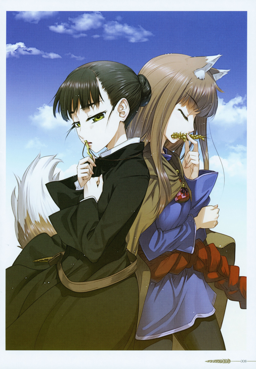 2girls absurdres animal_ears back-to-back black_dress black_pants blue_shirt brown_cloak brown_hair cloak closed_eyes dress elsa_schtingheim half-closed_eyes highres holo jewelry koume_keito long_hair long_sleeves multiple_girls necklace nun official_art page_number pants profile scan shiny shiny_hair shirt spice_and_wolf tail tied_hair wolf_ears wolf_tail yellow_eyes
