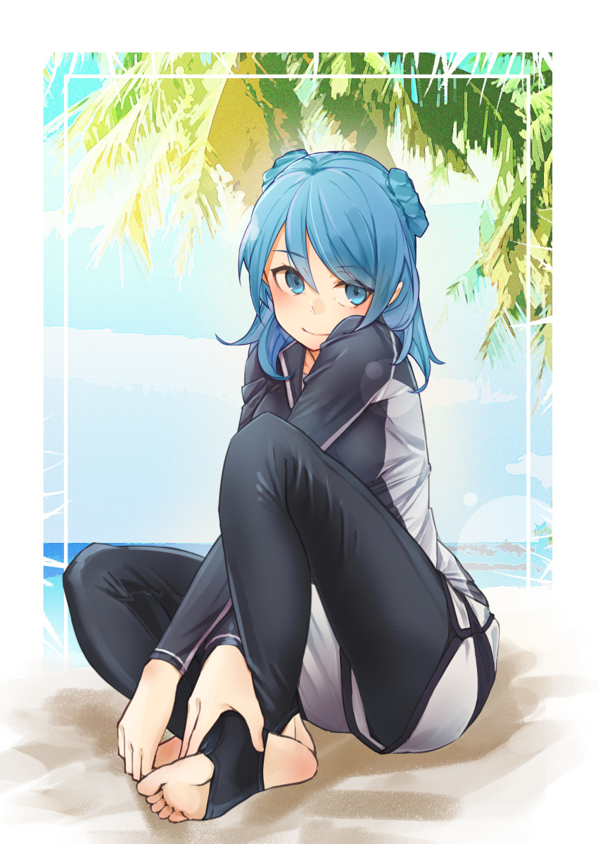 1girl absurdres alternate_costume bangs barefoot beach black_legwear blue_eyes blue_hair blush crossed_arms eyebrows_visible_through_hair full_body hands_on_feet highres kantai_collection kumanoko looking_at_viewer medium_hair pants sand sitting smile solo stirrup_legwear sunlight toeless_legwear track_pants tree urakaze_(kantai_collection)