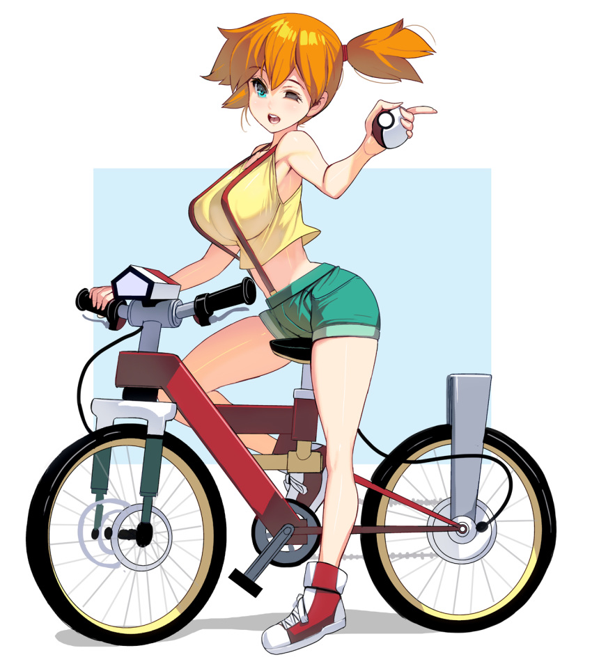 1girl ;d alternate_breast_size aqua_eyes aqua_shorts arched_back bangs bare_arms bare_legs bare_shoulders bicycle breasts crop_top crop_top_overhang denim denim_shorts eyelashes fingernails from_side full_body ground_vehicle highres holding holding_poke_ball index_finger_raised kasumi_(pokemon) large_breasts long_fingernails looking_at_viewer looking_to_the_side masao midriff one_eye_closed open_mouth orange_hair photoshop_(medium) poke_ball poke_ball_(basic) pokemon pokemon_(anime) pokemon_(classic_anime) red_footwear revision shirt shoes short_hair short_ponytail short_shorts shorts side_ponytail simple_background skindentation smile sneakers solo strap_gap suspenders tank_top two-tone_background yellow_shirt