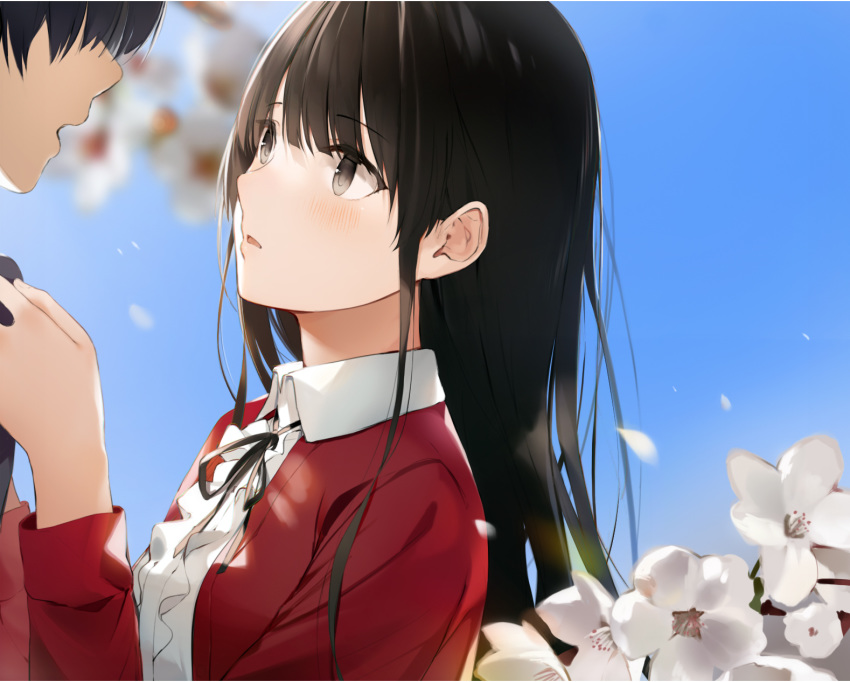 1boy 1girl bangs black_hair black_ribbon blue_sky blurry blurry_background blush brown_eyes brown_hair center_frills cherry_blossoms collared_shirt commentary_request day eyebrows_visible_through_hair flower frills from_side hand_up highres jacket katou_megumi long_hair long_sleeves looking_at_another neck_ribbon niii_(memstapak) open_clothes open_mouth outdoors parted_lips petals red_jacket ribbon saenai_heroine_no_sodatekata shirt sky solo_focus upper_body white_flower white_shirt