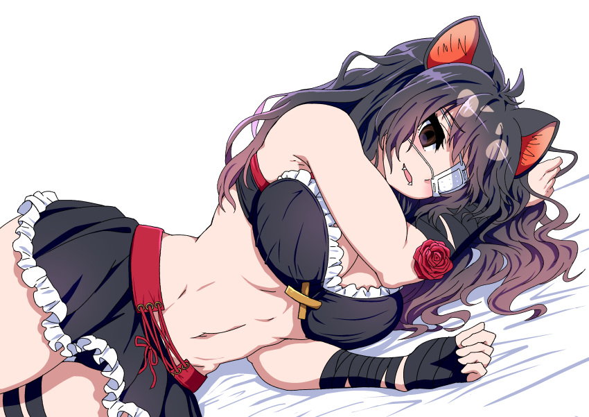 1girl absurdres animal_ears australian_devil_(kemono_friends) bandaged_arm bandaged_hands bandages bangs bare_arms bare_shoulders black_hair bra brown_eyes brown_hair dutch_angle empty_eyes eyebrows_visible_through_hair eyepatch fangs flower furrowed_eyebrows hands_up highres kemono_friends looking_at_viewer lying medical_eyepatch microskirt multicolored_hair navel on_side one_eye_covered open_mouth panties parted_bangs quatre_aaaa rose skirt smile solo stomach tasmanian_devil_ears thigh_strap toned two-tone_hair underwear