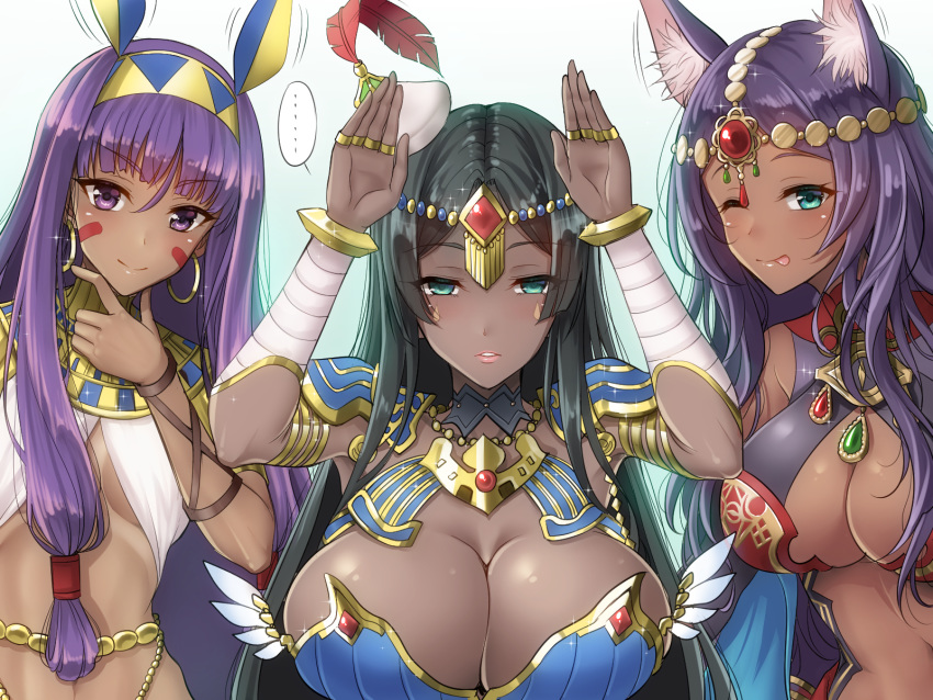 3girls animal_ears bandaged_arm bandages bangs blush breasts dark_skin earrings eyebrows_visible_through_hair facial_mark fate/grand_order fate_(series) hairband highres jewelry large_breasts long_hair looking_at_viewer multiple_girls nitocris_(fate/grand_order) one_eye_closed purple_hair queen_of_sheba_(fate/grand_order) scheherazade_(fate/grand_order) simple_background smile violet_eyes youshuu