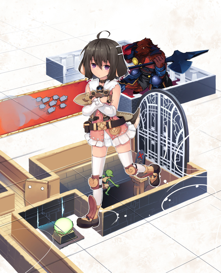 1girl absurdres animal_ears belt collar cover cover_page dungeon gate goblin halberd highres knee_pads lazy_dungeon_master minotaur nanaroku_(fortress76) official_art pillar polearm shoes tail thigh-highs weapon
