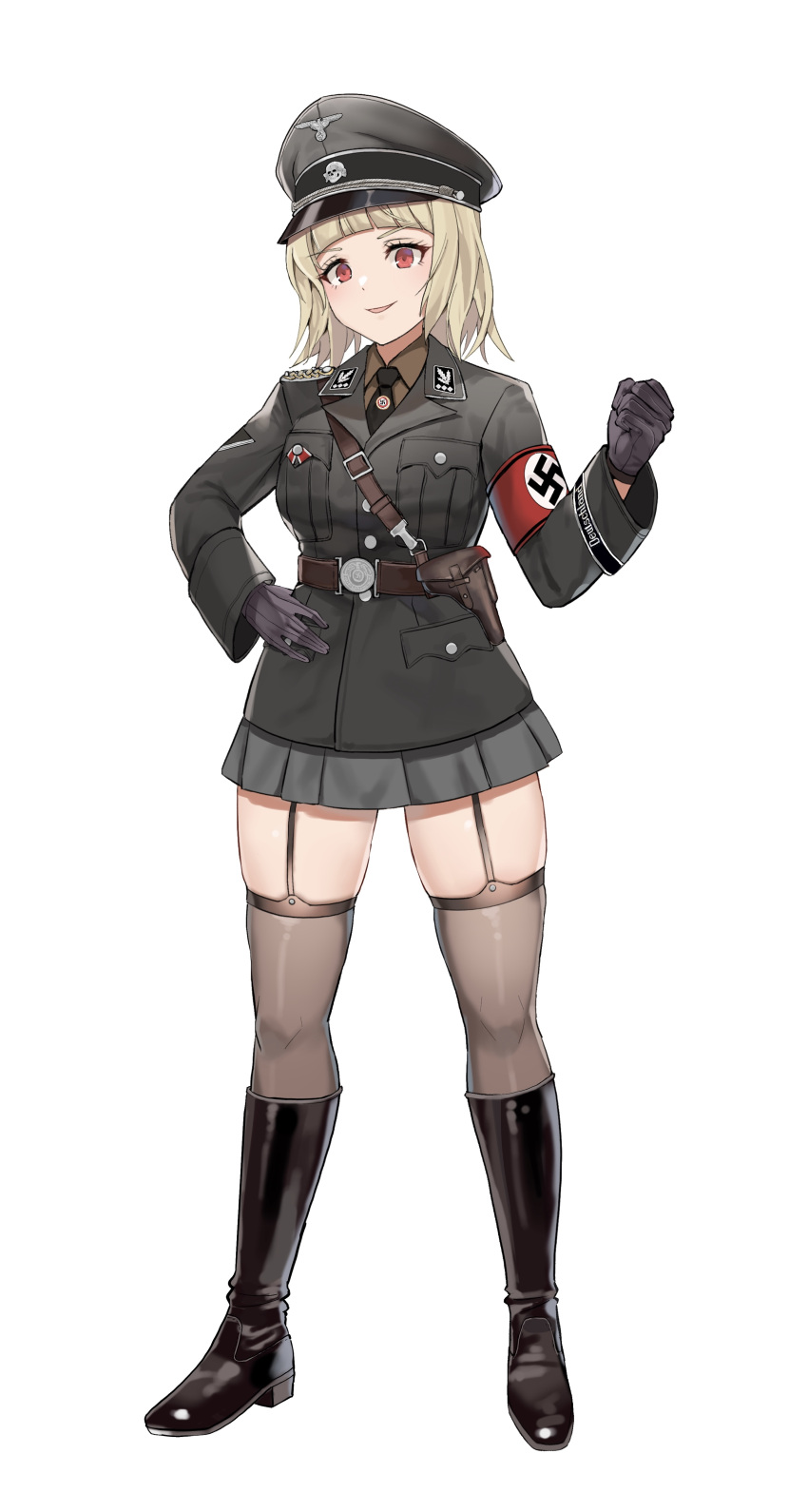 1girl absurdres armband black_footwear black_gloves black_headwear blonde_hair boots commission full_body garter_straps gloves hat highres long_sleeves microskirt military military_uniform nazi original peaked_cap pleated_skirt red_eyes short_hair skirt solo standing swastika thigh-highs thighhighs_under_boots unicron_(brous) uniform world_war_ii