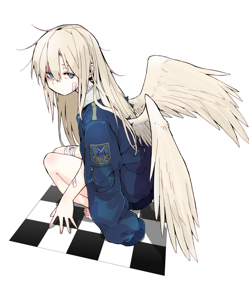 1girl angel angel_wings azumaya_toushirou bandaged_leg bandages bandaid bandaid_on_arm bandaid_on_face bandaid_on_neck barefoot blonde_hair blue_eyes commentary_request hair_between_eyes highres jacket jacket_on_shoulders long_hair looking_back original simple_background solo squatting white_background wings