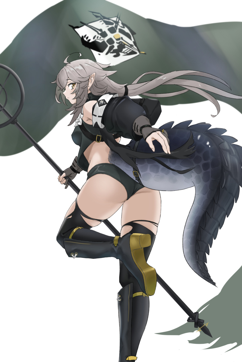 1girl ahoge arknights ass bare_shoulders black_footwear black_legwear black_panties boots commentary crocodilian_tail feet_out_of_frame floating_hair high_heel_boots high_heels highres holding holding_staff jiu_fanglianhua large_tail long_hair long_sleeves looking_at_viewer off_shoulder panties pointy_ears profile sidelocks silver_hair solo staff standing standing_on_one_leg tail thigh-highs thighs tomimi_(arknights) torn_clothes torn_legwear underwear yellow_eyes