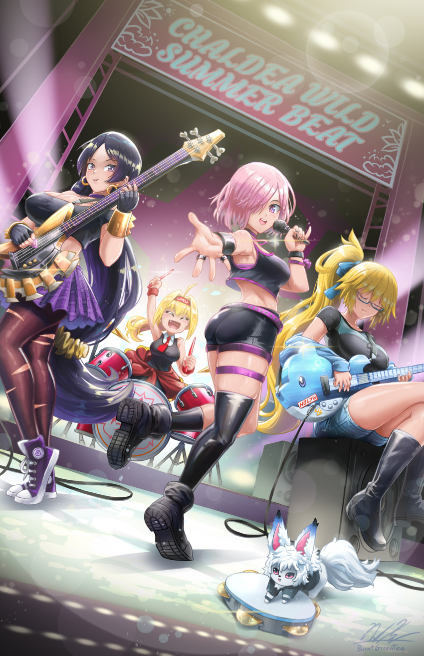 4girls ahoge alternate_costume ass blonde_hair burnt_green_tea cymbals drum drum_set drumsticks fate/grand_order fate_(series) fou_(fate/grand_order) glasses guitar headband highres instrument jeanne_d'arc_(fate)_(all) long_hair looking_at_viewer low-tied_long_hair mash_kyrielight microphone minamoto_no_raikou_(fate/grand_order) multiple_girls music nero_claudius_(fate)_(all) open_mouth pink_hair playing_instrument purple_hair short_shorts shorts singing smile stage