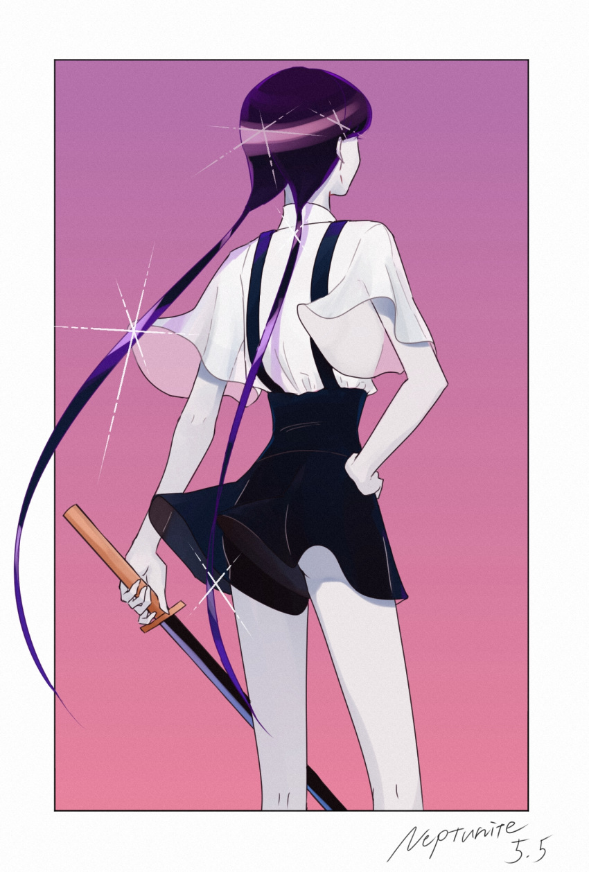 1other androgynous artist_request back collared_shirt crystal_hair dress_shirt from_behind gem_uniform_(houseki_no_kuni) highres holding holding_sword holding_weapon houseki_no_kuni long_hair low_twintails neptunite_(houseki_no_kuni) shirt shorts solo suspenders sword twintails weapon white_shirt