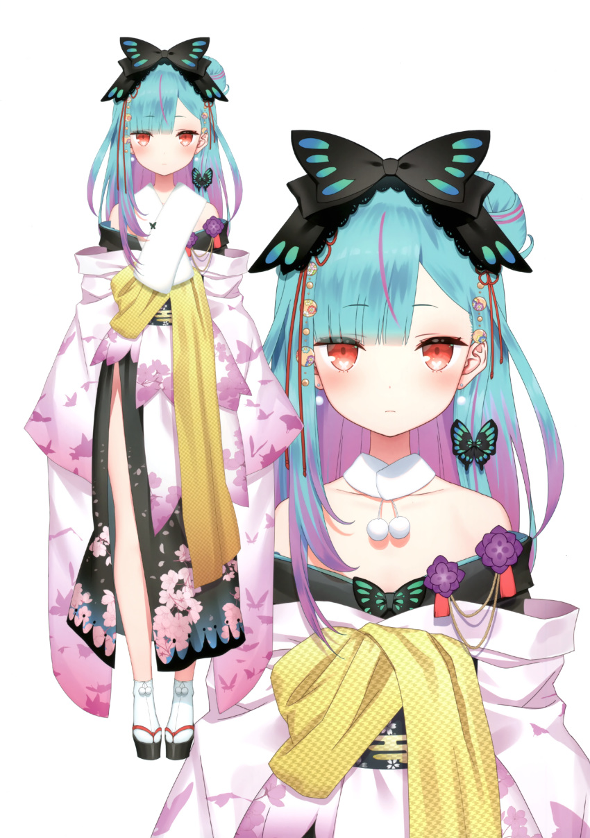 1girl absurdres alternate_costume alternate_hairstyle animal_print bangs blush butterfly_print earrings expressionless eyebrows_visible_through_hair floral_print full_body green_hair hair_bun hair_ornament highres hololive japanese_clothes jewelry looking_at_viewer multicolored_hair multiple_views official_art open_mouth purple_hair red_eyes scan simple_background solo two-tone_hair uruha_rushia virtual_youtuber white_background wide_sleeves yasuyuki