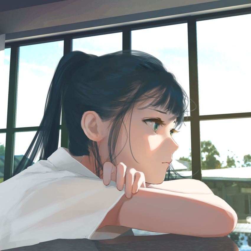 1girl bangs black_hair closed_mouth collared_shirt crossed_arms from_side green_eyes high_ponytail highres indoors original shirt short_sleeves sidelocks tacshojosora white_shirt window