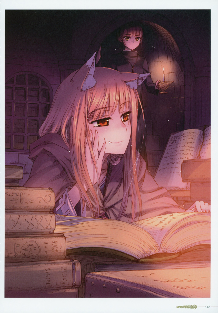 1boy 1girl absurdres animal_ears black_dress book brown_cloak brown_hair candle cloak closed_mouth dress elsa_schtingheim fang head_rest highres holding holo hood hood_down hooded_cloak indoors jewelry koume_keito long_hair long_sleeves necklace official_art open_book orange_eyes page_number reading scan shiny shiny_hair smile spice_and_wolf straight_hair wolf_ears