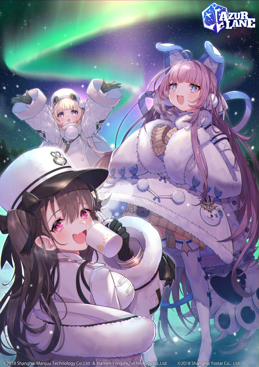 3girls :d animal_ears animal_print arms_up aurora azur_lane bangs bear_paws bear_print black_gloves black_hair blonde_hair blue_eyes blunt_bangs blush breasts brown_sweater button_eyes coat coat_dress commentary_request cup earmuffs eyebrows_visible_through_hair fake_animal_ears fang full_body fur-trimmed_coat fur-trimmed_sleeves fur_trim gloves grozny_(azur_lane) hair_between_eyes hair_ornament hair_ribbon hat highres holding holding_cup large_breasts logo long_hair long_sleeves looking_at_viewer looking_up multiple_girls night night_sky official_art open_mouth outdoors padded_coat pamiat_merkuria_(azur_lane) pom_pom_(clothes) purple_hair ribbon russian_clothes shirt short_hair sidelocks skin_fang sky smile standing sweater tashkent_(azur_lane) thigh-highs toshi_gahara very_long_hair very_long_sleeves violet_eyes visible_air watermark white_coat white_headwear white_legwear winter_clothes
