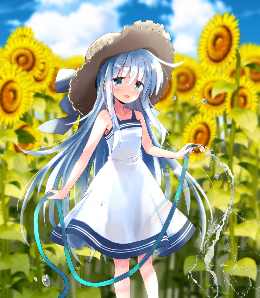 1girl bangs blue_eyes blurry blurry_background blush brown_headwear clouds commentary_request day dress eyebrows_visible_through_hair flower hat hibiki_(kantai_collection) highres hizuki_yayoi holding holding_hose hose kantai_collection long_hair open_mouth outdoors rainbow silver_hair sky solo sun_hat sunflower water white_dress yellow_flower
