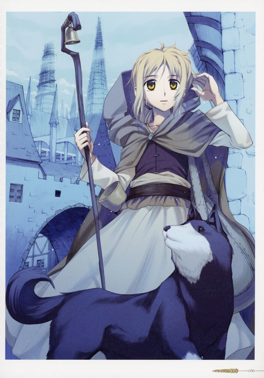 1girl absurdres blonde_hair brown_cloak brown_eyes cloak dress enekk highres holding holding_staff hood hooded_cloak koume_keito long_dress nora_arento official_art open_mouth page_number scan short_hair solo spice_and_wolf staff standing white_dress