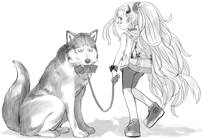 1girl backpack bag bike_shorts bosako_(haguhagu) from_behind greyscale haguhagu_(rinjuu_circus) hair_ornament holding holding_leash horns leash long_hair looking_at_viewer looking_back monochrome original parted_lips ponytail shirt shoes socks solo standing standing_on_one_leg very_long_hair white_background wolf