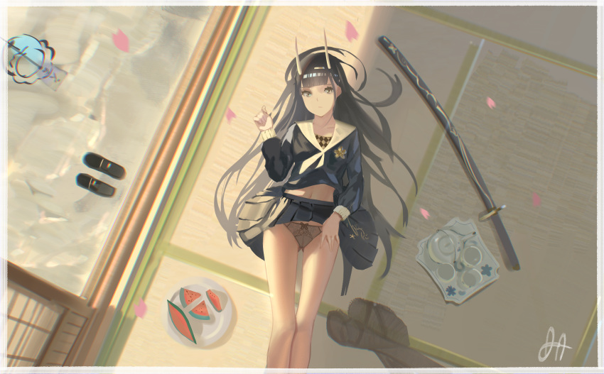 1girl absurdres azur_lane bare_legs black_footwear black_hair black_panties black_shirt black_skirt cherry_blossoms collarbone cup eflilies english_commentary expressionless falling_petals food footwear_removed from_above fruit highres hime_cut horns huge_filesize indoors lifted_by_self lingerie loafers long_hair long_sleeves looking_at_viewer lying midriff miniskirt navel noshiro_(azur_lane) on_back oni_horns panties pantyhose pantyhose_removed pleated_skirt sailor_collar school_uniform serafuku shirt shoes signature skirt skirt_lift solo straight_hair tatami tea_set teacup teapot underwear watermelon white_sailor_collar wind_chime yellow_eyes