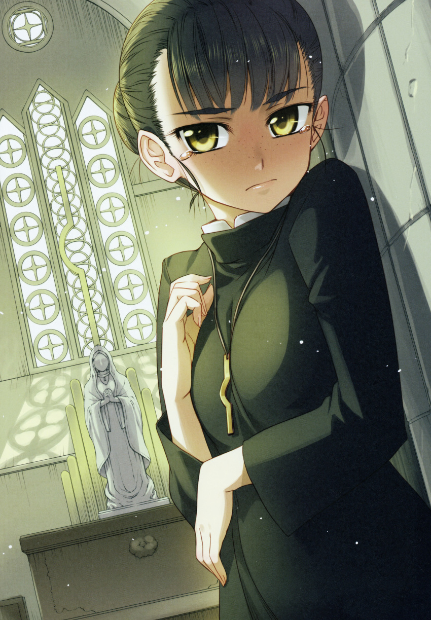 1girl absurdres against_wall bangs black_dress breasts brown_hair church closed_mouth dress elsa_schtingheim freckles highres indoors jewelry koume_keito long_sleeves looking_at_viewer necklace official_art page_number scan shiny shiny_hair short_hair small_breasts solo spice_and_wolf standing tears yellow_eyes