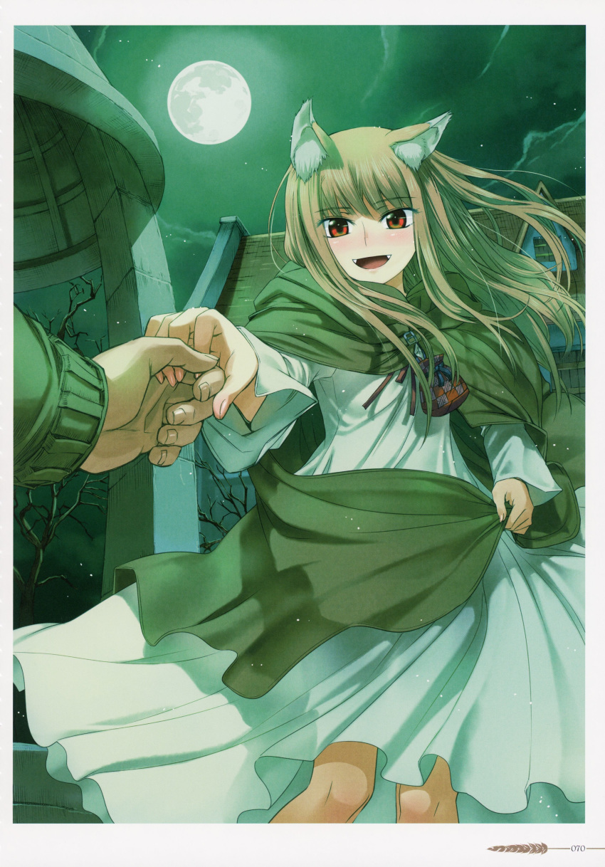 1girl :d absurdres animal_ears bangs blush brown_cloak brown_hair cloak dress eyebrows_visible_through_hair fangs floating_hair full_moon highres holding_hands holo koume_keito long_dress long_hair long_sleeves moon night official_art open_mouth page_number red_eyes scan shiny shiny_hair smile solo spice_and_wolf very_long_hair white_dress wolf_ears