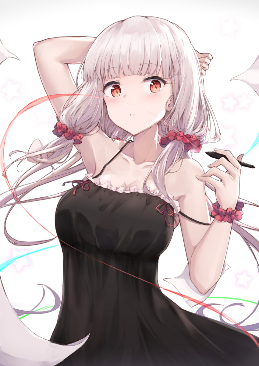 1girl arm_behind_head arm_up armpits bangs bare_arms bare_shoulders black_dress blunt_bangs blush breasts collarbone commentary_request dress frilled_dress frills hair_ornament hair_scrunchie hakuya_(white_night) highres holding holding_pen long_hair looking_at_viewer low_twintails medium_breasts original paper pen red_eyes scrunchie silver_hair sleeveless sleeveless_dress smile solo spaghetti_strap star_(symbol) strap_slip twintails upper_body very_long_hair wrist_scrunchie