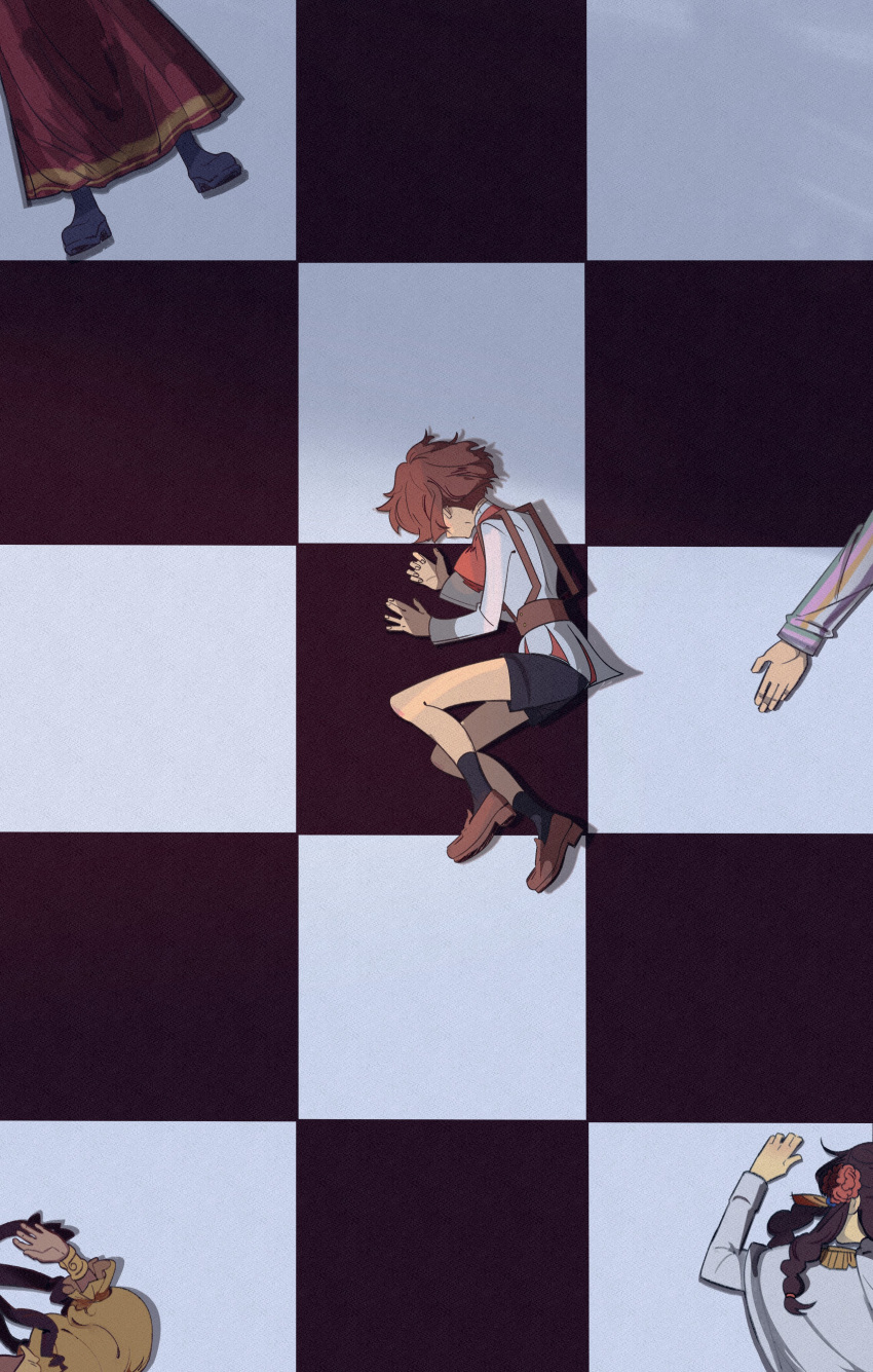 2boys 3girls absurdres bike_shorts brown_hair checkered checkered_floor chloe_ironside ciconia_no_naku_koro_ni dress fetal_position flower from_above hair_flower hair_ornament head_out_of_frame highres jayden_(ciconia) liu_lingji long_skirt long_sleeves lovepoints lying mitake_miyao multiple_boys multiple_girls redhead rethabile_eenentwintig_africacommonwealthrealm shoes skirt socks