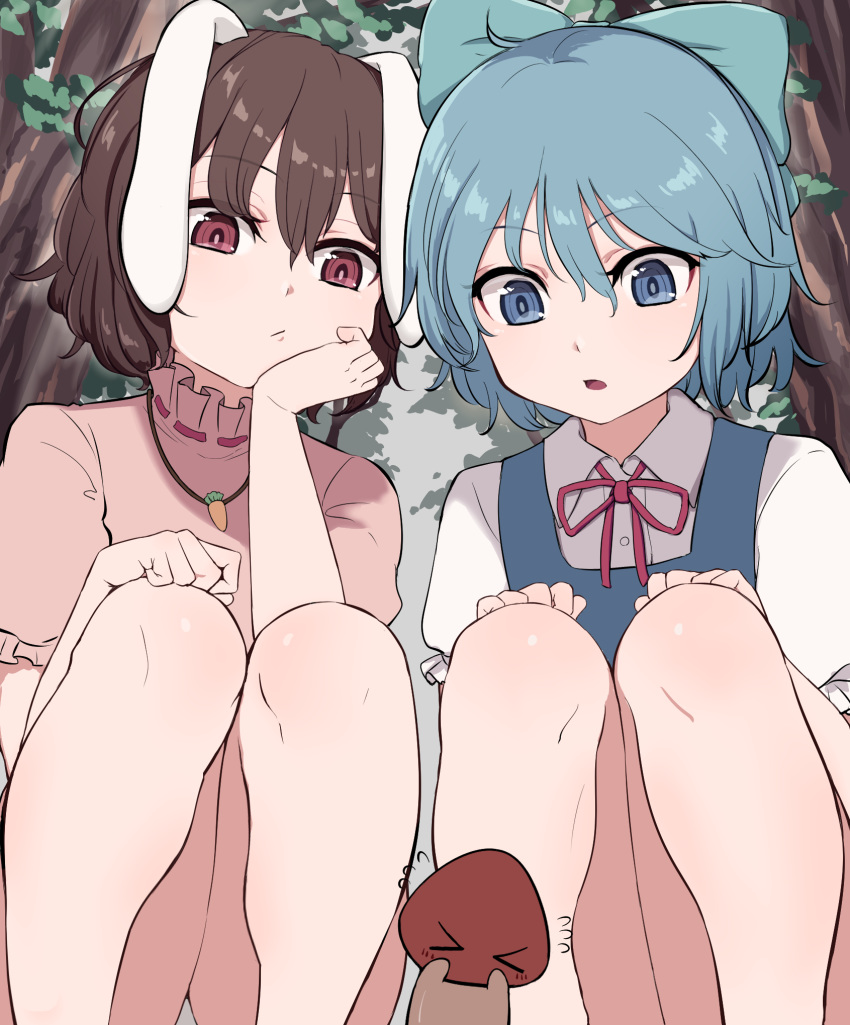&gt;_&lt; 2girls :/ animal_ears bangs blue_bow blue_dress blue_eyes blue_hair bow brown_hair carrot_necklace chin_rest cirno commentary dress eyebrows_visible_through_hair floppy_ears flying_sweatdrops hair_between_eyes hair_bow hand_on_own_knee highres inaba_tewi marsen multiple_girls mushroom neck_ribbon open_mouth outdoors panties pantyshot pinafore_dress puffy_short_sleeves puffy_sleeves rabbit_ears red_ribbon ribbon shirt short_hair short_sleeves squatting symbol_commentary touhou tree underwear white_shirt