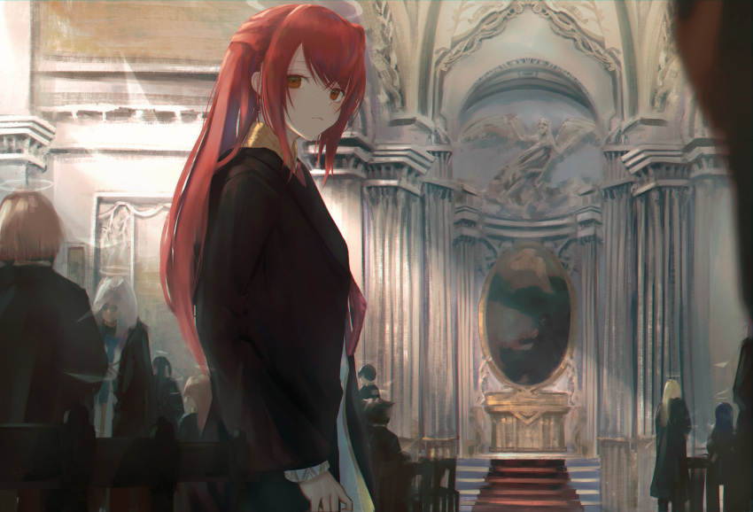 1girl 7ife absurdres arknights bangs black_dress brown_eyes commentary_request crowd dress exusiai_(arknights) halo highres huge_filesize indoors long_sleeves looking_at_viewer redhead upper_body