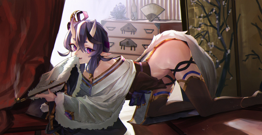 1girl absurdres all_fours bare_shoulders black_hair bottle chest_of_drawers commentary_request curtains fan fang full_body fur_trim gold_trim gyojin hair_between_eyes hair_ornament hair_stick hair_tubes highres horns indoors japanese_clothes kimono kiseru lavender_hair long_hair long_sleeves looking_at_viewer mole mole_under_mouth multicolored_hair nijisanji obi off-shoulder_kimono oni oni_horns paper_fan pelvic_curtain pipe pointy_ears pom_pom_(clothes) rindou_mikoto sash short_eyebrows skin-covered_horns sleeves_past_fingers sleeves_past_wrists smile solo streaked_hair thick_eyebrows thigh-highs thigh_strap uchiwa violet_eyes virtual_youtuber wide_sleeves
