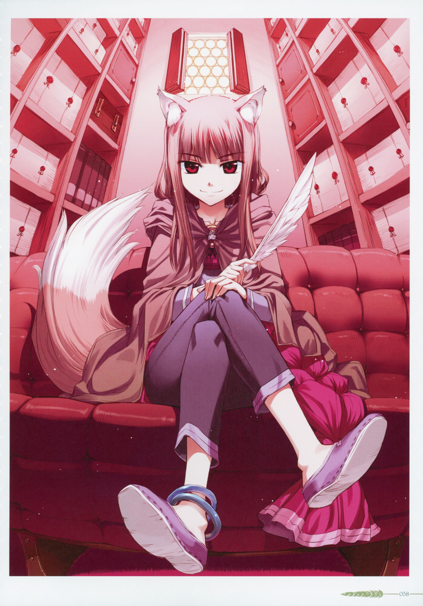 1girl absurdres animal_ears anklet bangs blunt_bangs brown_cloak brown_hair cloak closed_mouth collarbone crossed_legs eyebrows_visible_through_hair feathers hand_on_own_knee highres holding holding_feather holo hood hooded_cloak indoors jewelry koume_keito long_hair long_sleeves looking_at_viewer official_art page_number pants pouch purple_footwear purple_shirt red_eyes scan shirt sitting smile solo spice_and_wolf straight_hair tail wolf_ears wolf_tail