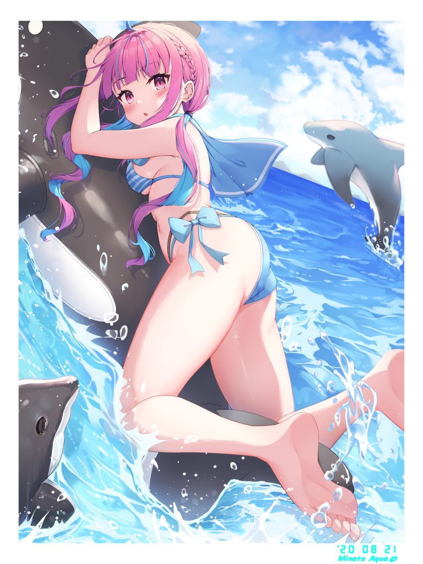 1girl absurdres ahoge animal ass bare_arms bare_shoulders bikini blue_bikini border braid breasts colored_inner_hair day dolphin feet highres hololive inflatable_dolphin inflatable_toy keis_(locrian1357) long_hair looking_at_viewer looking_back low_twintails medium_breasts minato_aqua multi-strapped_bikini multicolored_hair navel outdoors parted_lips purple_hair riding sailor_bikini sailor_collar side-tie_bikini sidelocks solo streaked_hair striped striped_bikini swimsuit thighs twintails two-tone_hair violet_eyes virtual_youtuber water wavy_hair white_border