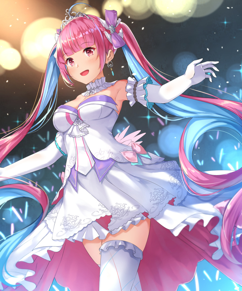 1girl :d ahoge bangs blue_hair bow breasts chahei commentary_request dress earrings elbow_gloves eyebrows_visible_through_hair frilled_legwear gloves glowstick hair_bow highres hololive jewelry long_hair medium_breasts minato_aqua multicolored_hair open_mouth pink_hair pleated_dress purple_bow red_eyes sidelocks smile solo standing strapless strapless_dress thigh-highs tiara twintails two-tone_hair very_long_hair virtual_youtuber white_dress white_gloves white_legwear