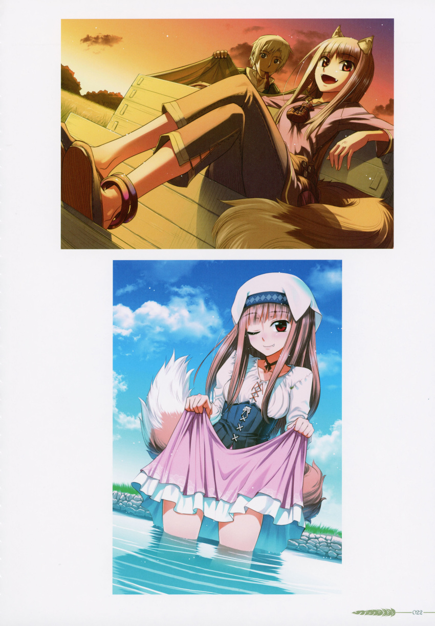 1boy 1girl :d ;) absurdres animal_ears bangs breasts brown_hair brown_pants bustier closed_mouth collarbone craft_lawrence crossed_legs day dutch_angle eyebrows_visible_through_hair fang fang_out hat highres holo koume_keito long_hair long_sleeves mouth_hold official_art one_eye_closed open_mouth outdoors page_number pants pink_shirt pink_skirt pouch scan shiny shiny_hair shirt sitting skirt skirt_hold small_breasts smile spice_and_wolf straight_hair sunset tail wading white_headwear white_shirt wolf_ears wolf_tail
