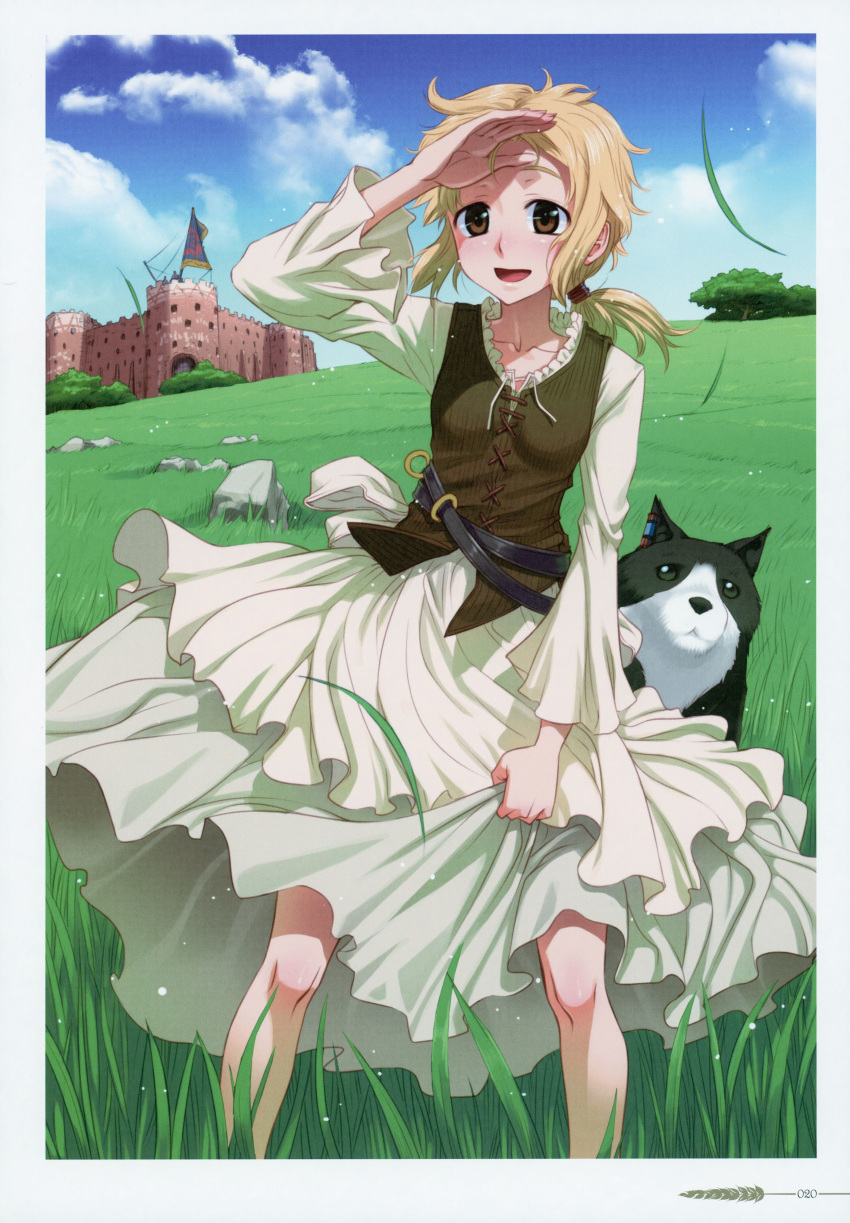 1girl :d absurdres blonde_hair blue_sky breasts brown_eyes brown_vest collarbone day dress enekk floating_hair highres koume_keito layered_dress long_dress long_hair nora_arento official_art open_mouth outdoors page_number ponytail scan shiny shiny_hair sky small_breasts smile solo spice_and_wolf vest white_dress