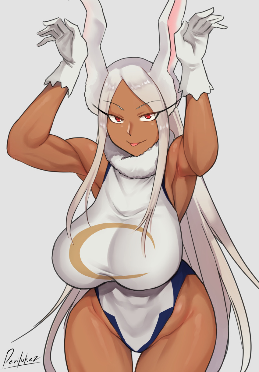 1girl absurdres animal_ears artist_name bangs boku_no_hero_academia breasts bunny_pose crescent_print dark_skin devilukez fur_collar gloves highleg highleg_leotard highres large_breasts leotard long_eyelashes long_hair looking_at_viewer mirko parted_bangs rabbit_ears rabbit_girl red_eyes signature simple_background smile solo superhero thighs tongue tongue_out white_gloves white_hair